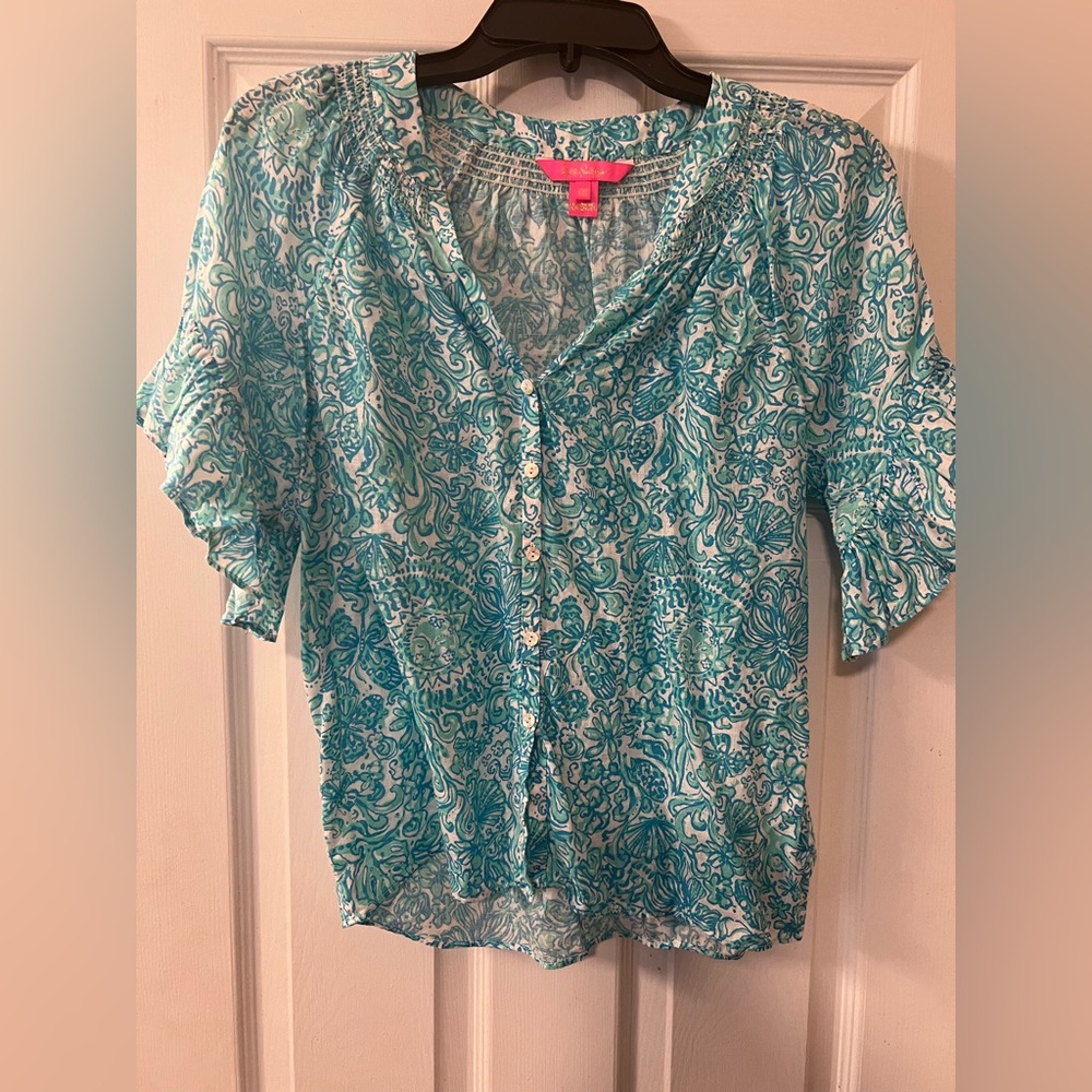 Lilly Pulitzer Teal and White Linen Button Up Blouse with Belle Sleeves Size XXS